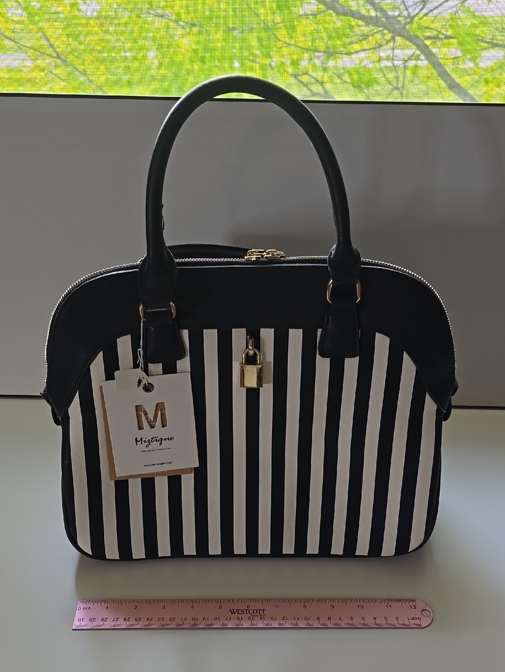 Miztique Boutique Black & White Vertical Stripe Handbag